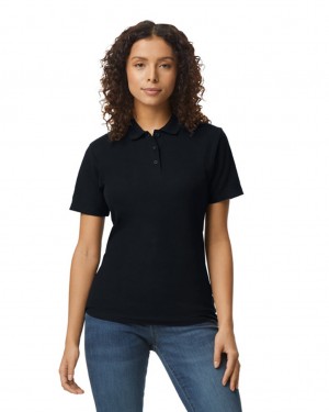 Black Gildan 64800L Pique Polo Women's Polo | ZKQD40569