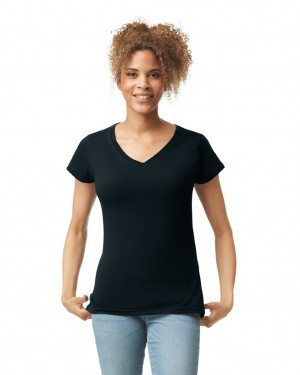 Black Gildan 64V00L V-Neck Women's T-Shirts | HTAZ49827