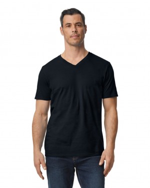 Black Gildan 64V00 V-Neck Men's T-Shirts | SCNK67289