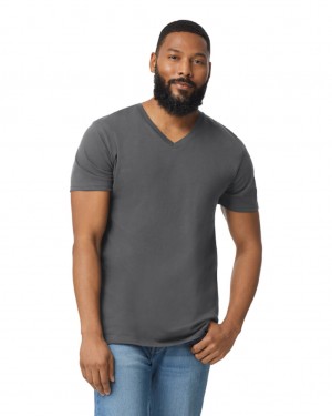 Charcoal Gildan 64V00 V-Neck Men's T-Shirts | MTRU07834