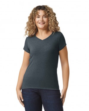 Dark Heather Gildan 64V00L V-Neck Women's T-Shirts | MYZS84235