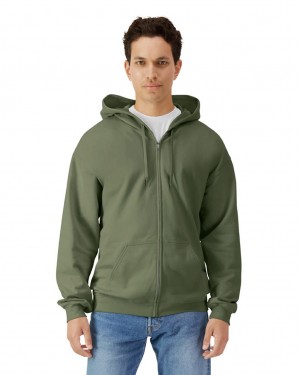 Military Green Gildan SF600 Midweight Fleece Full Zip Hoodie Men's Sweatshirt | UNLE89631