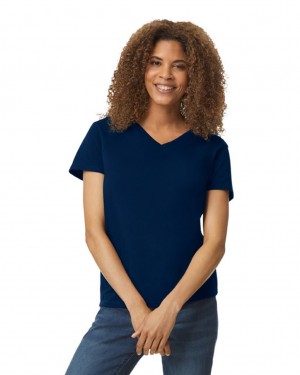 Navy Gildan 5V00L V-Neck Women's T-Shirts | UFBY75014