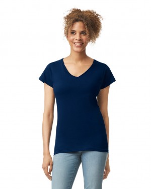 Navy Gildan 64V00L V-Neck Women's T-Shirts | DKLB18527