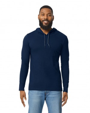 Navy Gildan 987 Long Sleeve Hoodie Men's T-Shirts | SWYN09524