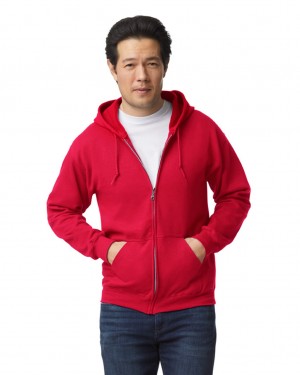 Red Gildan 18600 Full Zip Hoodie Men's Sweatshirt | CHJX63027