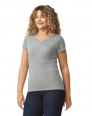 Ring Spun Sport Grey Gildan 64V00L V-Neck Women's T-Shirts | IGVC93862