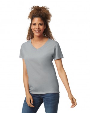 Sport Grey Gildan 5V00L V-Neck Women's T-Shirts | OCVI32690