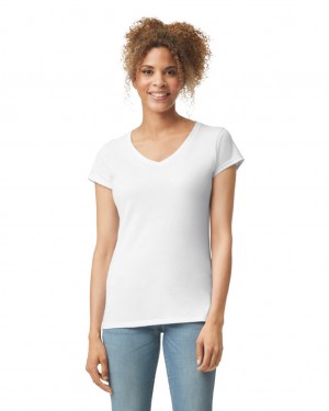 White Gildan 64V00L V-Neck Women's T-Shirts | LJMQ18540