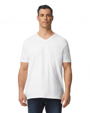 White Gildan 64V00 V-Neck Men's T-Shirts | LCNO79623