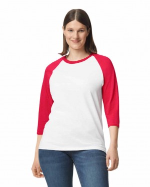 White / Red Gildan 5700 3/4 Raglan Women's T-Shirts | UEJM96045