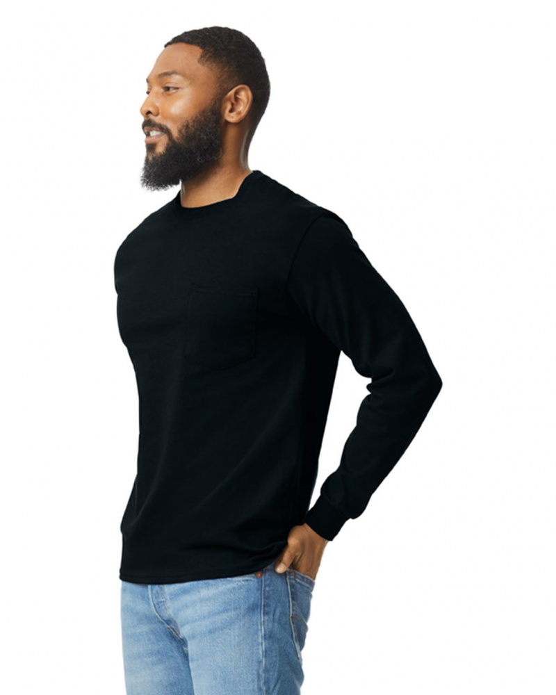 Black Gildan 2410 Long Sleeve with Pocket Men's T-Shirts | VOTL93502