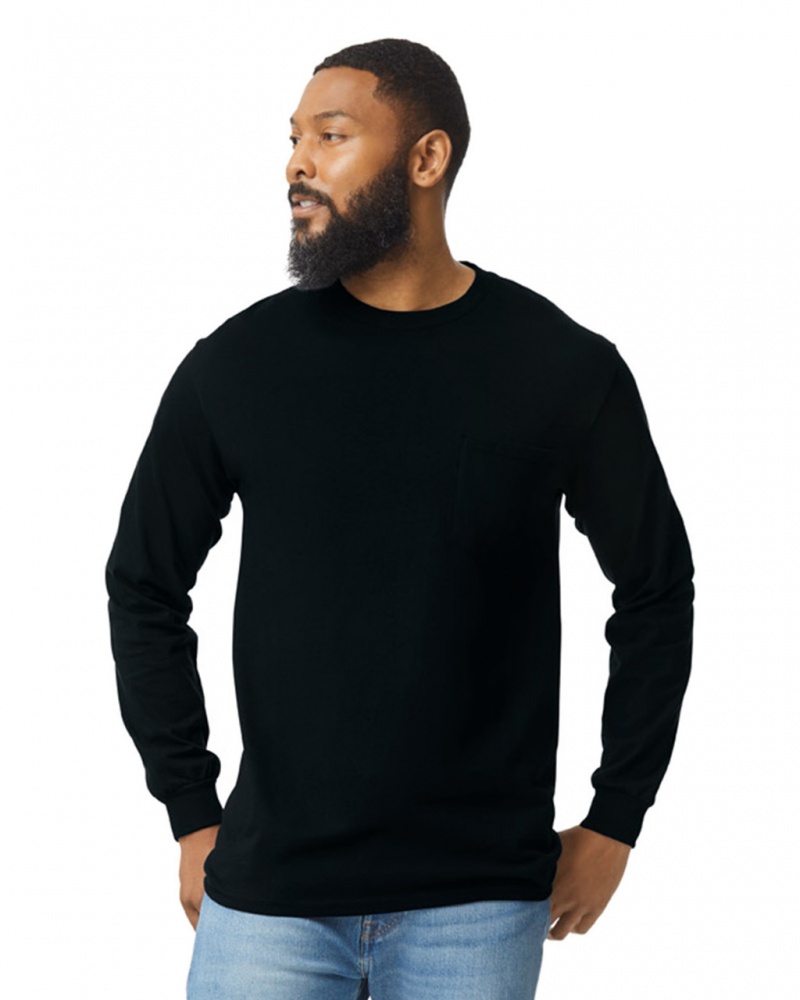 Black Gildan 2410 Long Sleeve with Pocket Men\'s T-Shirts | VOTL93502