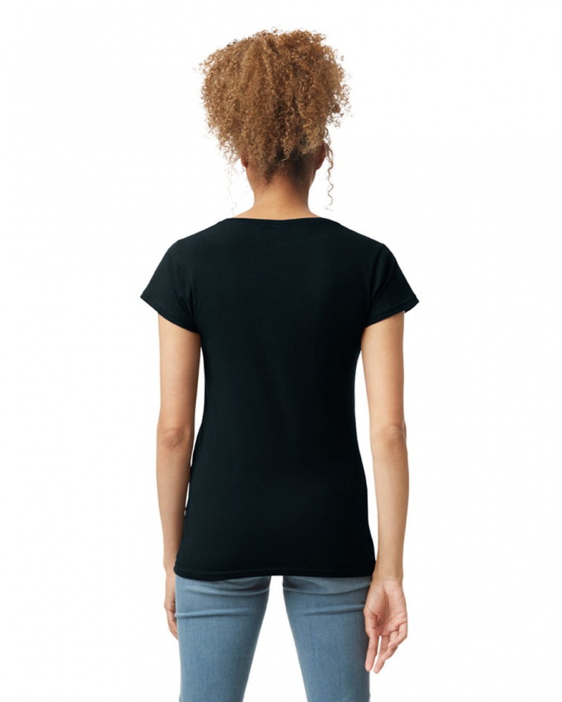 Black Gildan 64V00L V-Neck Women's T-Shirts | HTAZ49827