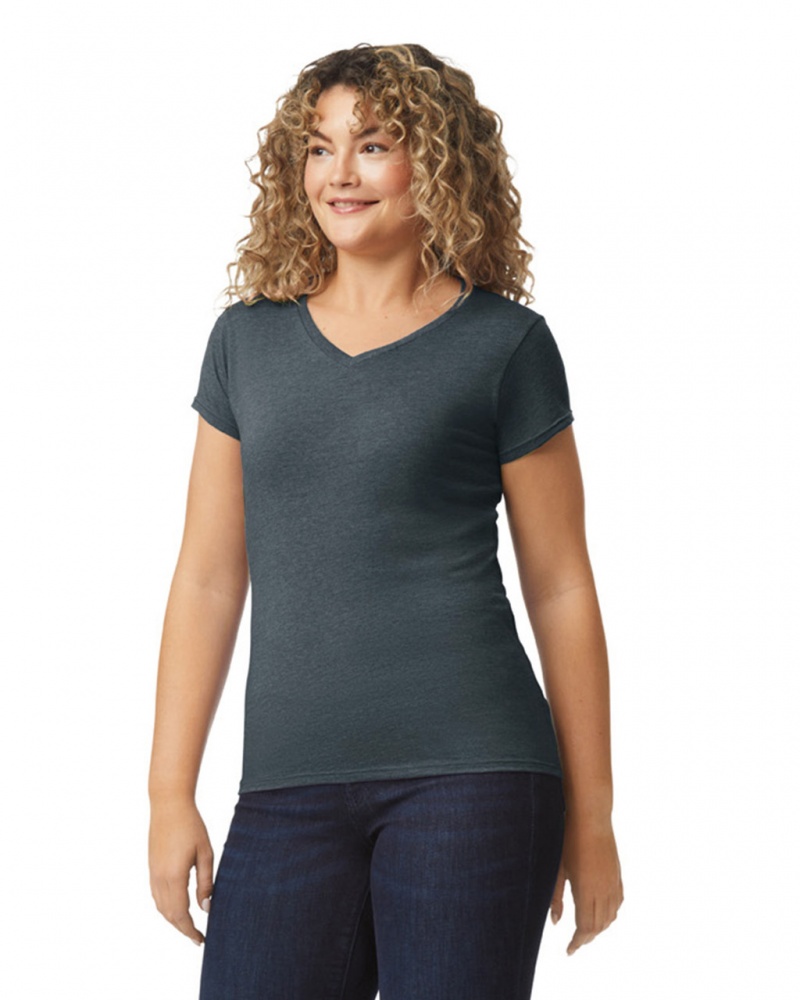 Dark Heather Gildan 64V00L V-Neck Women's T-Shirts | MYZS84235