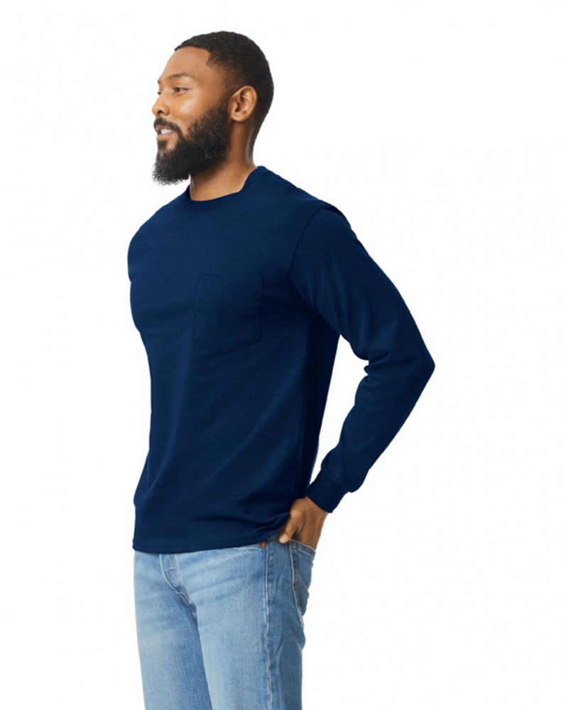 Navy Gildan 2410 Long Sleeve with Pocket Men's T-Shirts | YEUF41075