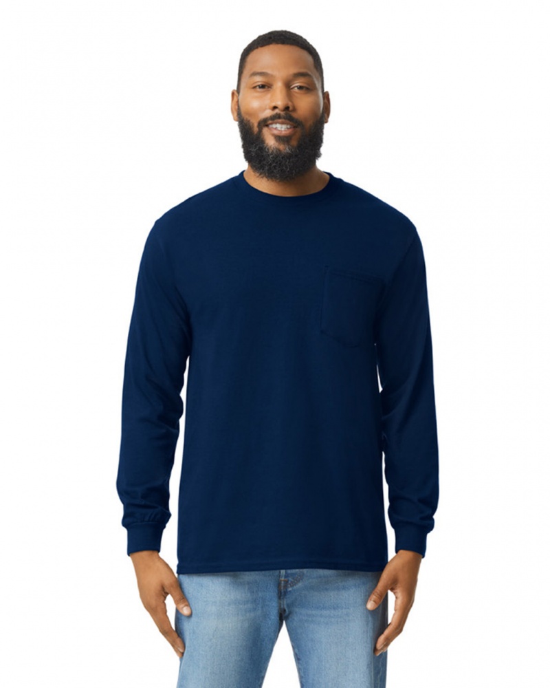 Navy Gildan 2410 Long Sleeve with Pocket Men\'s T-Shirts | YEUF41075