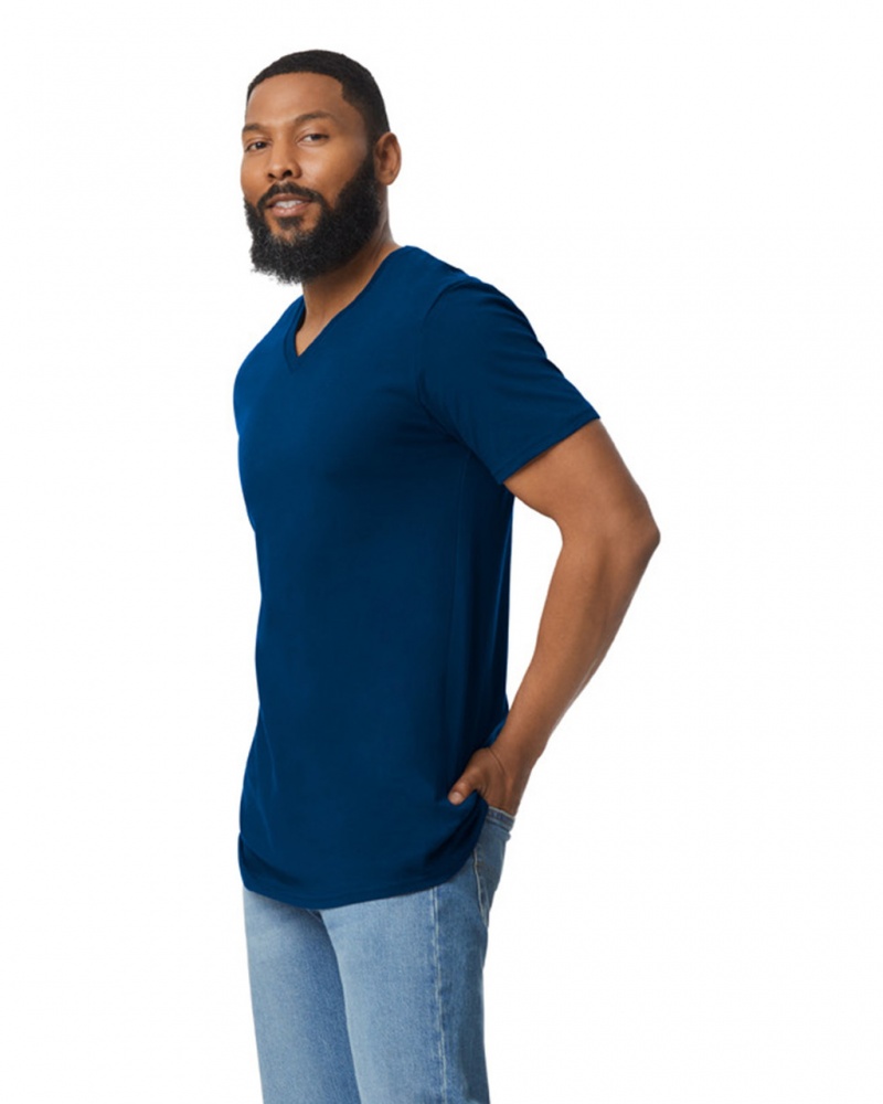 Navy Gildan 64V00 V-Neck Men's T-Shirts | DCKM59084