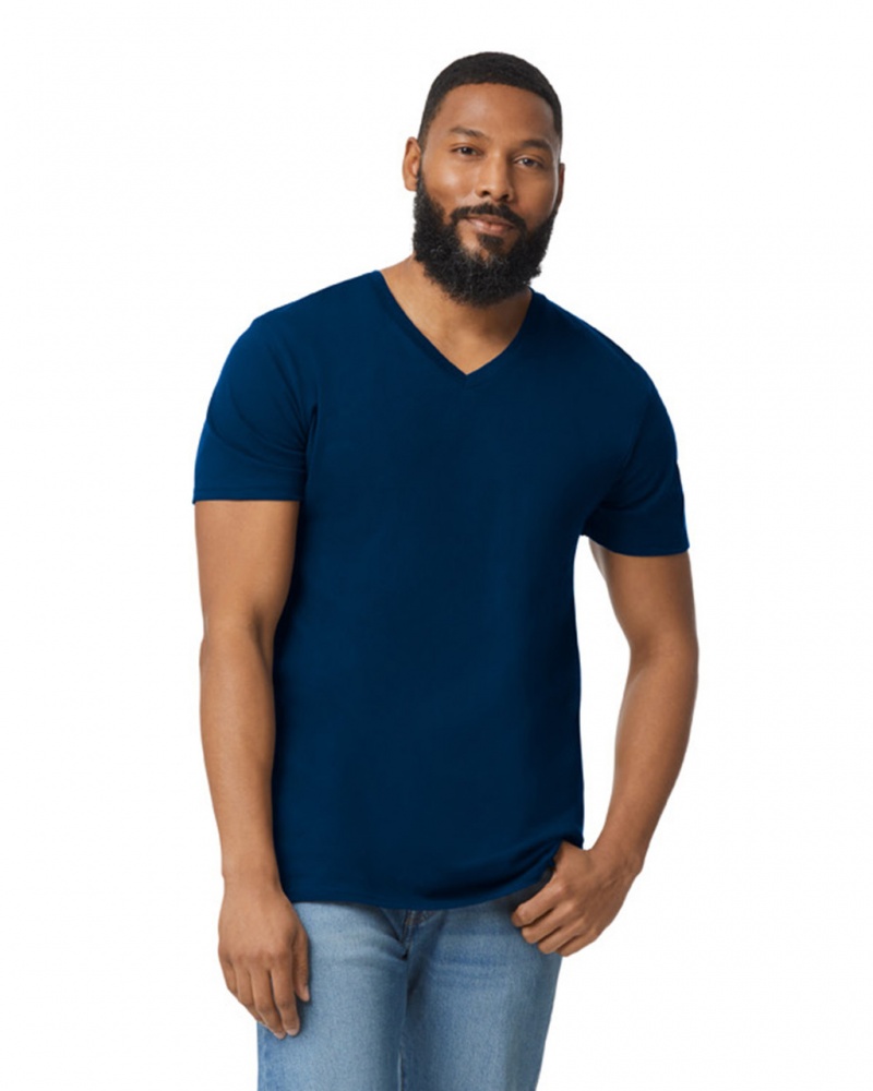 Navy Gildan 64V00 V-Neck Men's T-Shirts | DCKM59084