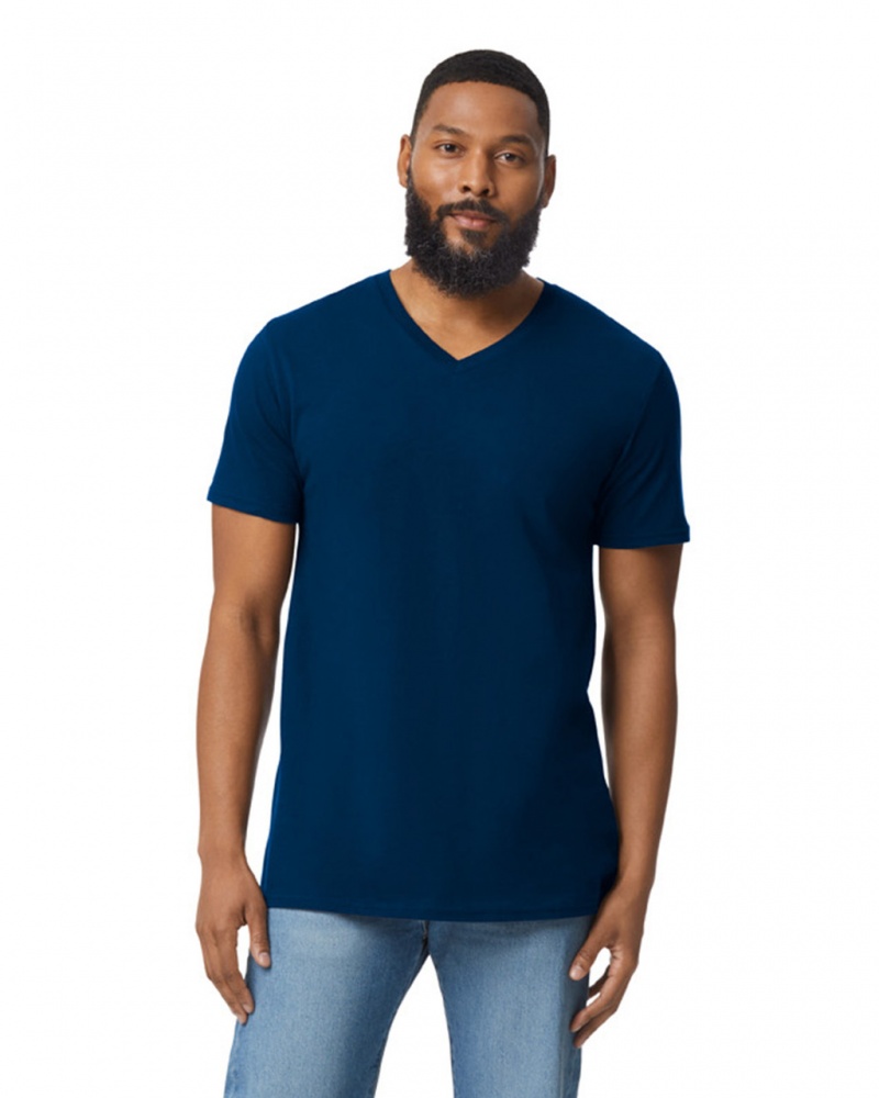 Navy Gildan 64V00 V-Neck Men\'s T-Shirts | DCKM59084