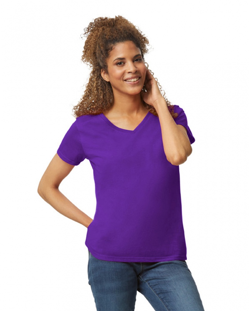 Purple Gildan 5V00L V-Neck Women\'s T-Shirts | DAUS61095