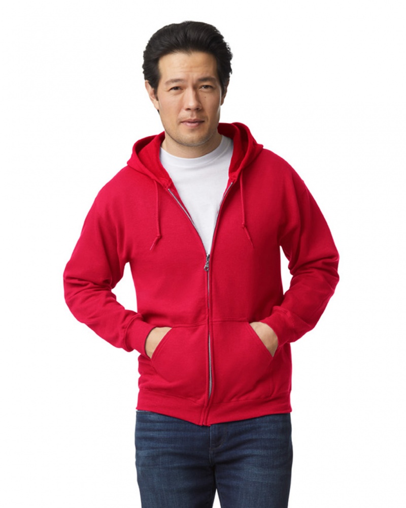 Red Gildan 18600 Full Zip Hoodie Men\'s Sweatshirt | CHJX63027