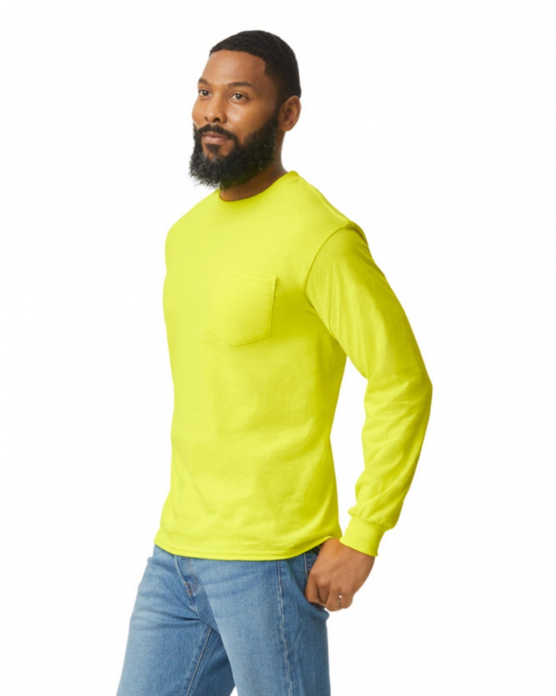 Safety Green Gildan 2410 Long Sleeve with Pocket Men's T-Shirts | CNOX63408