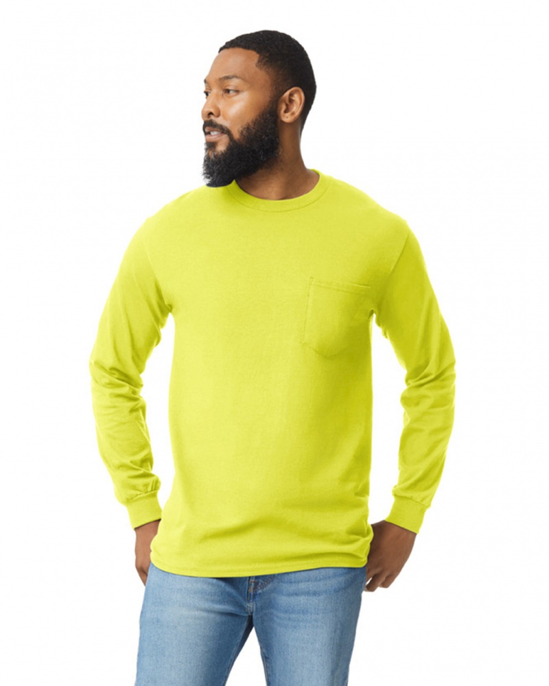 Safety Green Gildan 2410 Long Sleeve with Pocket Men's T-Shirts | CNOX63408