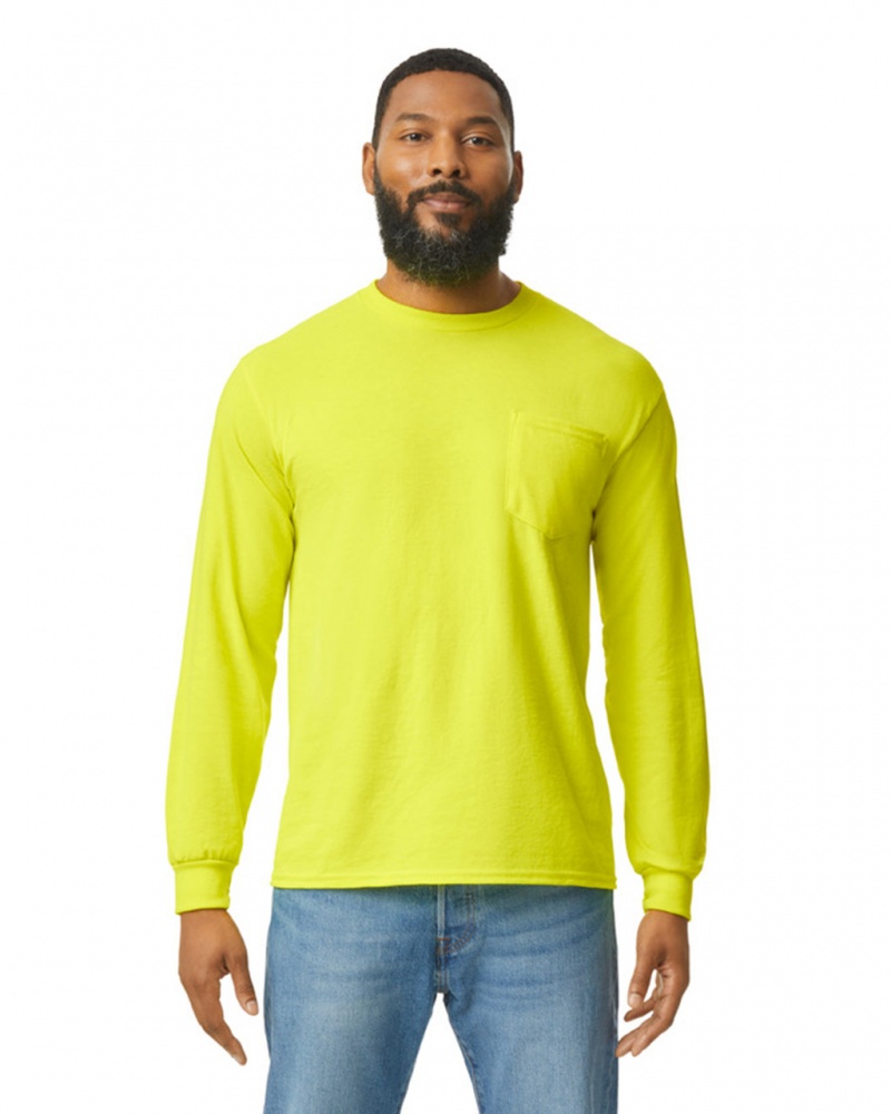 Safety Green Gildan 2410 Long Sleeve with Pocket Men\'s T-Shirts | CNOX63408