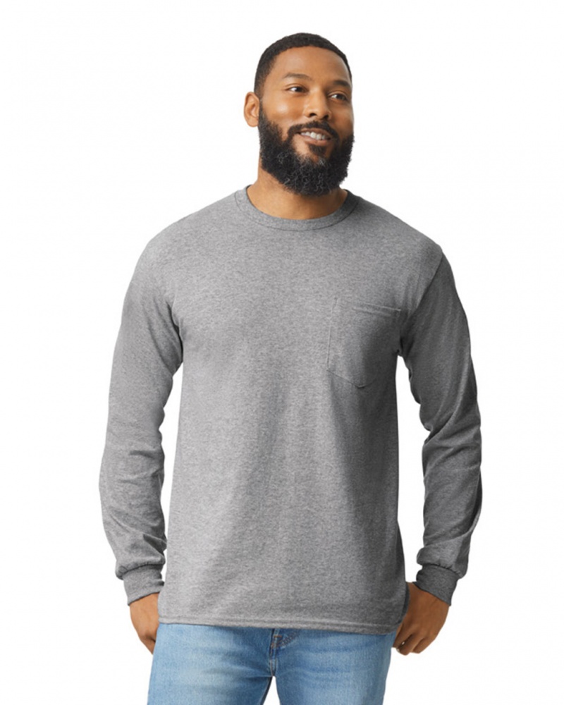 Sport Grey Gildan 2410 Long Sleeve with Pocket Men's T-Shirts | CQRI30176