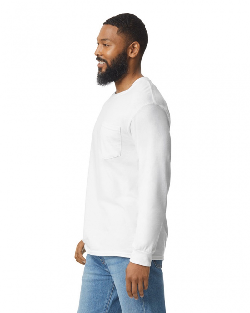 White Gildan 2410 Long Sleeve with Pocket Men's T-Shirts | ANIO91485