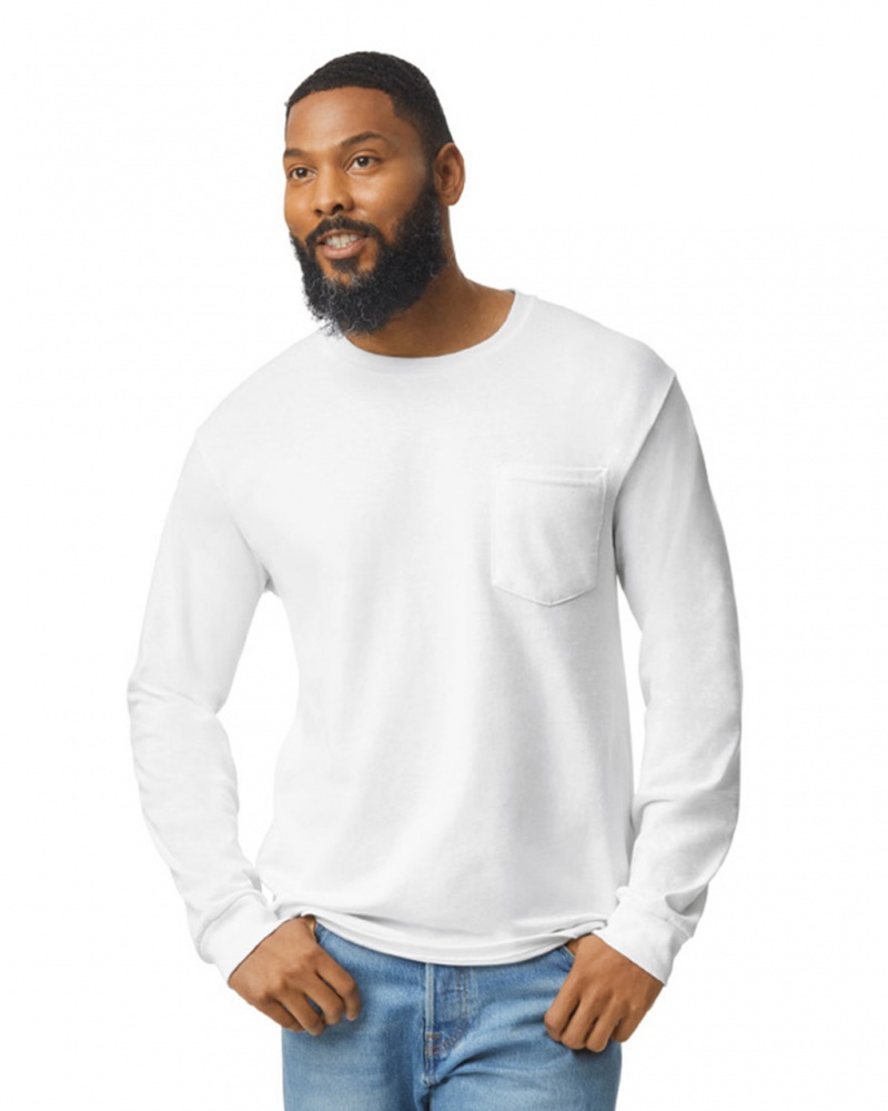 White Gildan 2410 Long Sleeve with Pocket Men\'s T-Shirts | ANIO91485