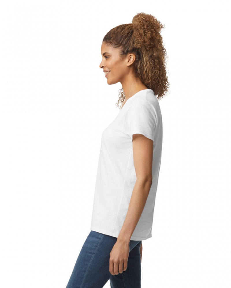 White Gildan 5V00L V-Neck Women's T-Shirts | WKHI75936