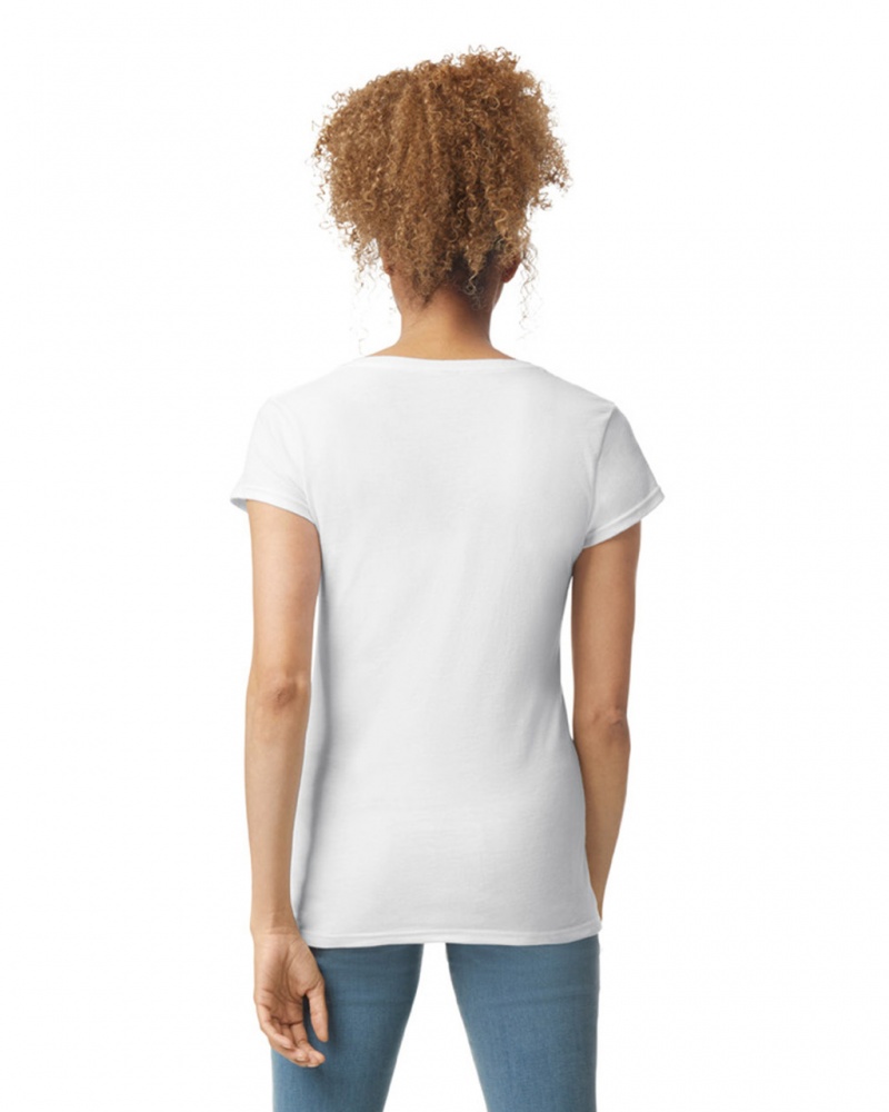 White Gildan 64V00L V-Neck Women's T-Shirts | LJMQ18540