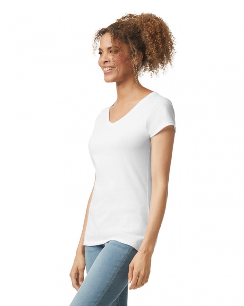 White Gildan 64V00L V-Neck Women's T-Shirts | LJMQ18540