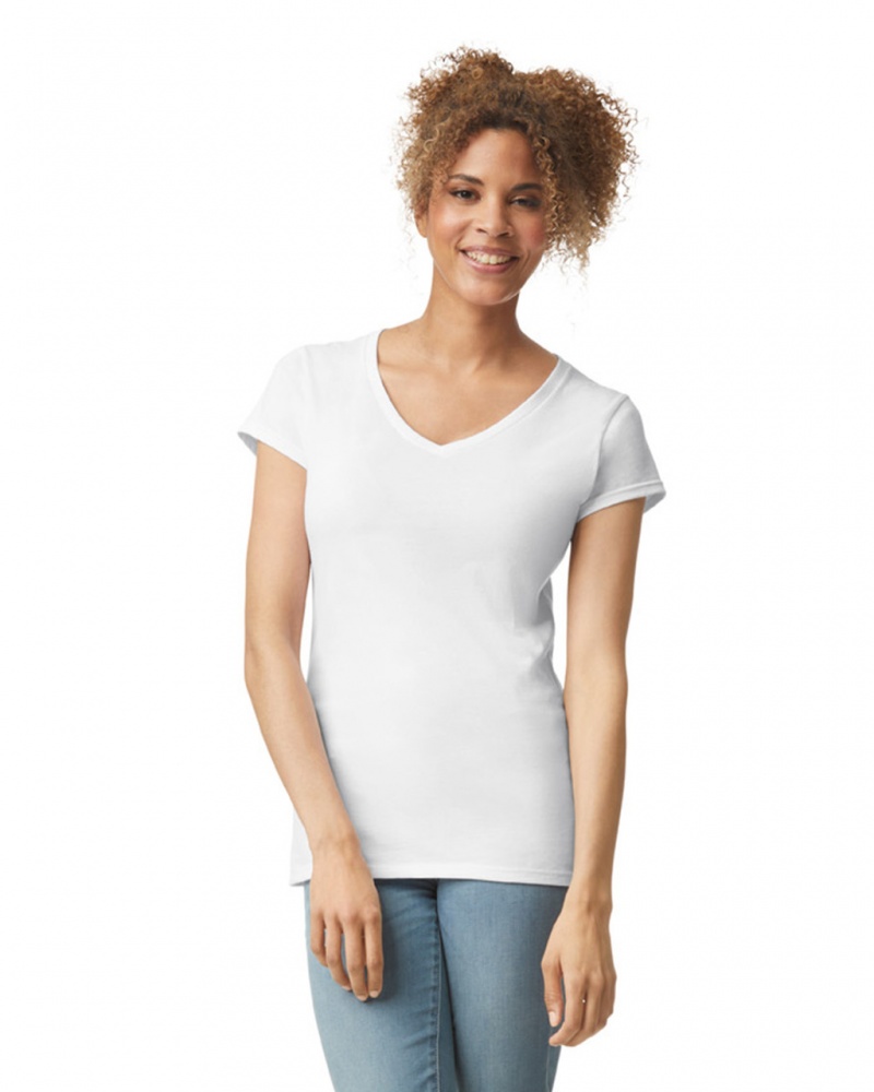 White Gildan 64V00L V-Neck Women's T-Shirts | LJMQ18540