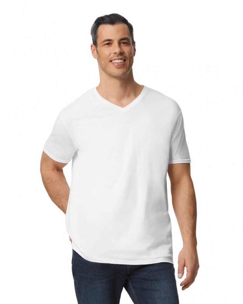 White Gildan 64V00 V-Neck Men's T-Shirts | LCNO79623