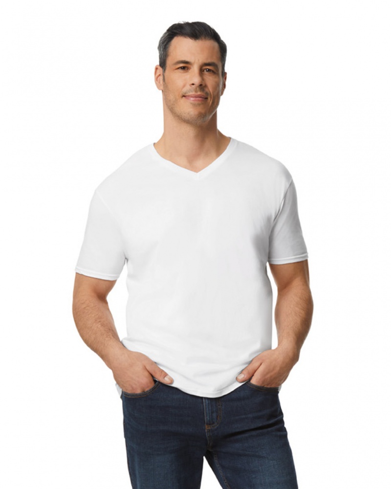 White Gildan 64V00 V-Neck Men's T-Shirts | LCNO79623