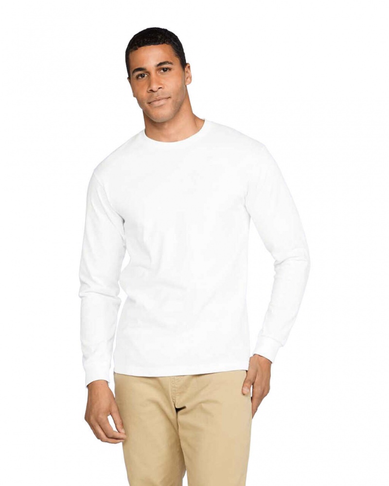 White Gildan H400 Long Sleeve Men\'s T-Shirts | FQBU39480