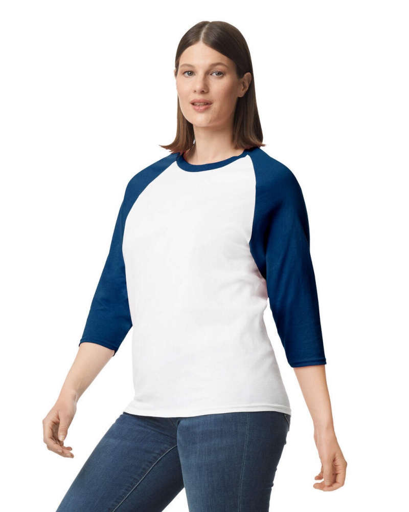 White / Navy Gildan 5700 3/4 Raglan Women's T-Shirts | XUWO82941