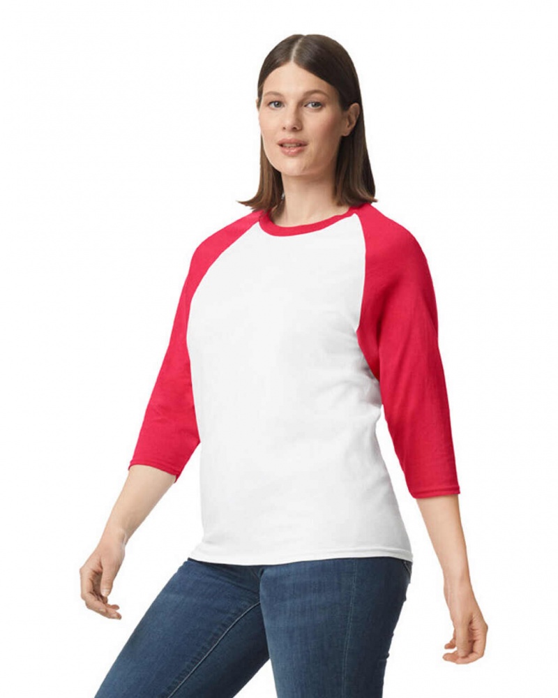 White / Red Gildan 5700 3/4 Raglan Women's T-Shirts | UEJM96045